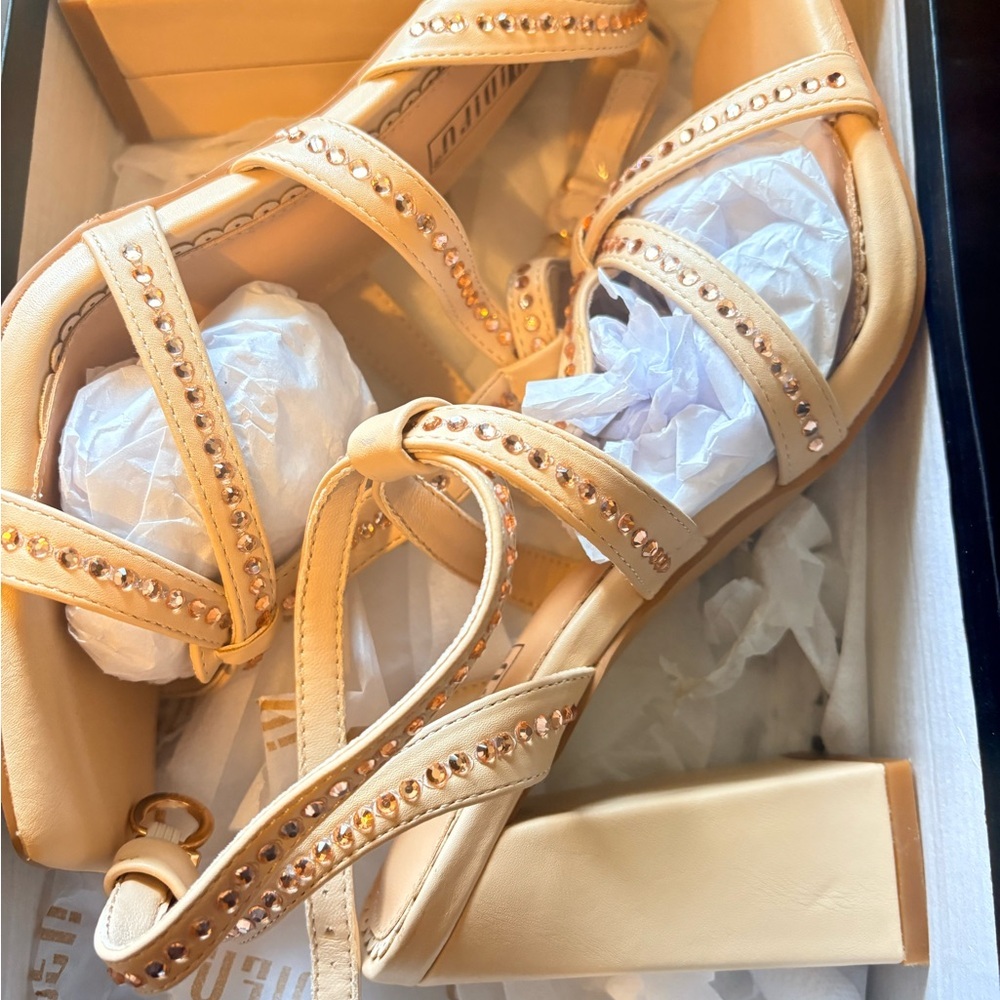 IDIFU Tan Rhinestone Strappy Heels